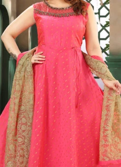 Dark Pink Art Silk Embroidered Gown Party Wear