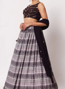 Dark Purple Banarasi Silk Printed Umbrella Lehenga Party Wear