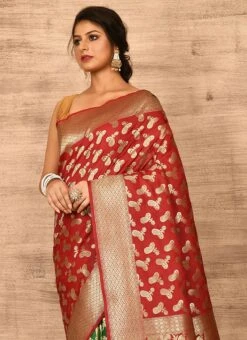 Dark Red N Green Banarasi Katan Silk Zari Weaving Half N Half Saree Festive Wear -Deals Chic Lehenga Store dark red n green benarasi katan zari weaving half n half saree savns670h b