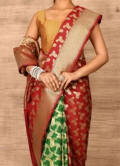 Dark Red N Green Banarasi Katan Silk Zari Weaving Half N Half Saree Festive Wear