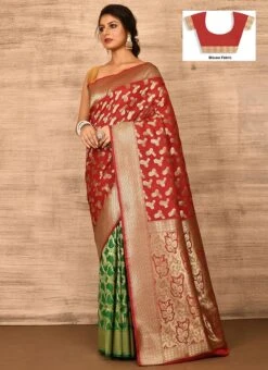 Dark Red N Green Banarasi Katan Silk Zari Weaving Half N Half Saree Festive Wear -Deals Chic Lehenga Store dark red n green benarasi katan zari weaving half n half saree savns670h u
