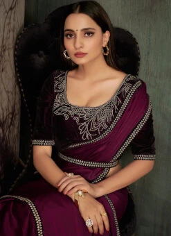 Dark Wine Satin Georgette Tikki Work Saree Party Wear -Deals Chic Lehenga Store dark wine satin georgette tikki work saree sasnf5946 b