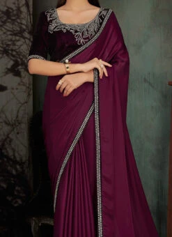 Dark Wine Satin Georgette Tikki Work Saree Party Wear