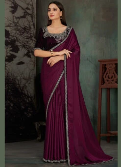 Dark Wine Satin Georgette Tikki Work Saree Party Wear -Deals Chic Lehenga Store dark wine satin georgette tikki work saree sasnf5946 u
