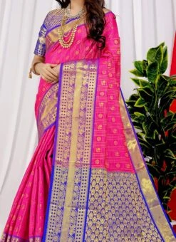 Deep Pink Color Zari Weaving Litchi Silk Saree Festive Wear
