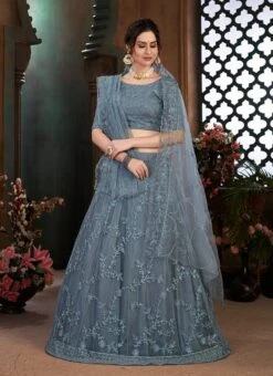 Dove Grey Net Thread Embroidery Umbrella Lehenga Party Wear -Deals Chic Lehenga Store dove grey net thread embroidery umbrella lehenga ghsom1636 u