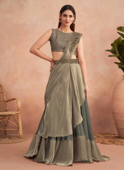 Dusty Green Chinon Silk Embroidered Ready Pleated Saree Party Wear -Deals Chic Lehenga Store dusty green chinon silk embroidered ready pleated saree saska36337311c u