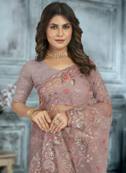 Dusty Lavender Net Embroidered Saree Party Wear -Deals Chic Lehenga Store dusty lavender net embroidered saree sasnf6976 b