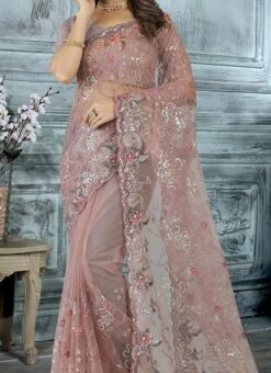 Dusty Lavender Net Embroidered Saree Party Wear