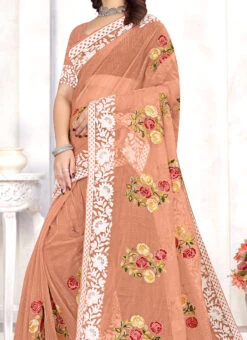 Dusty Peach Organza Embroidered Saree Festive Wear