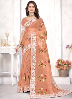 Dusty Peach Organza Embroidered Saree Festive Wear -Deals Chic Lehenga Store dusty peach organza embroidered saree sasnf7311 u