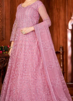 Dusty Pink Net Embroidered Anarkali Suit Party Wear