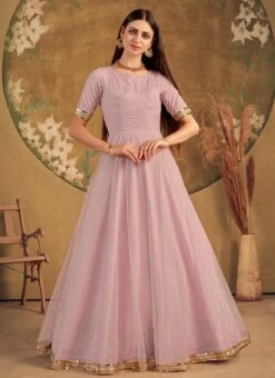 Dusty Pink Net Metalic Foil Work Anarkali Gown Party Wear -Deals Chic Lehenga Store dusty pink net metalic foil work anarkali gown bgwsom4615 u