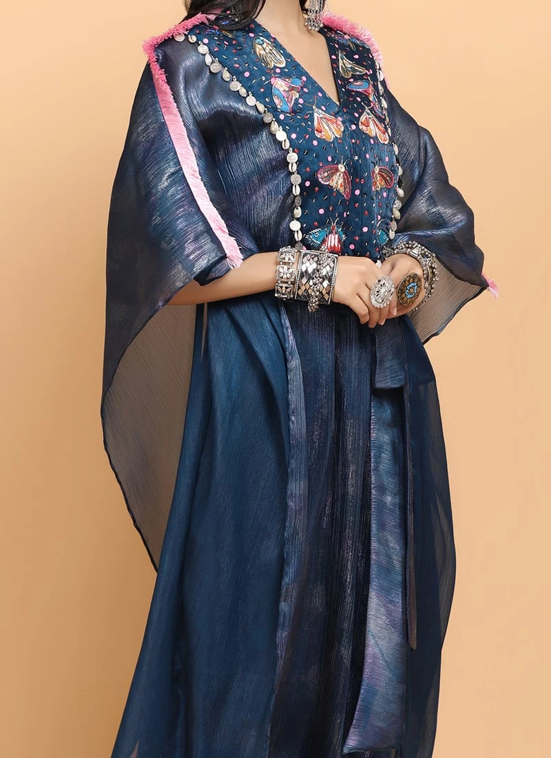 Electric Blue Bees Handpainted Kaftan Set Party Wear 1 Electric Blue Bees Handpainted Kaftan Set Party Wear