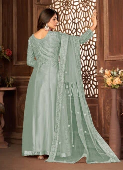 Embroidered Grey Colored Net Anarkali With Full Sleeve Party Wear -Deals Chic Lehenga Store embroidered grey colored net anarkali with full sleeve slsdi8398g b