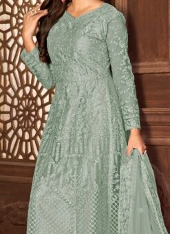 Embroidered Grey Colored Net Anarkali With Full Sleeve Party Wear