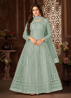 Embroidered Grey Colored Net Anarkali With Full Sleeve Party Wear -Deals Chic Lehenga Store embroidered grey colored net anarkali with full sleeve slsdi8398g u