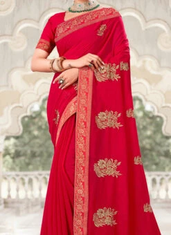 Embroidery Georgette Red Color Saree Party Wear