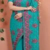 Firozi Blue Georgette Embroidery Work Saree Party Wear