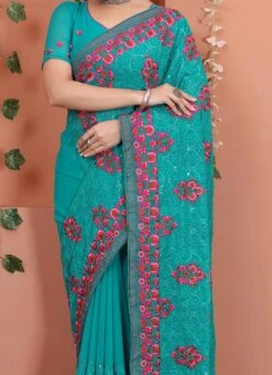 Firozi Blue Georgette Embroidery Work Saree Party Wear