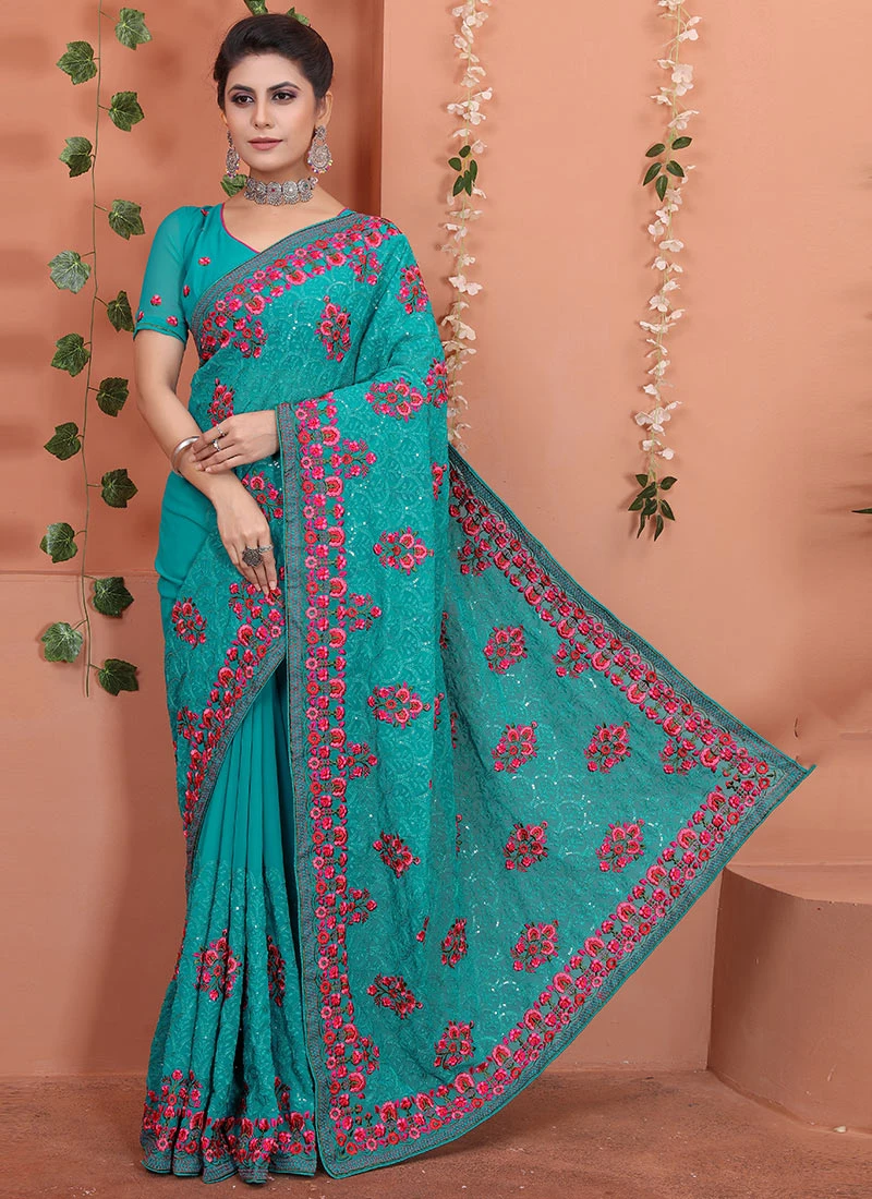 Firozi Blue Georgette Embroidery Work Saree Party Wear 3 Firozi Blue Georgette Embroidery Work Saree Party Wear - Image 3