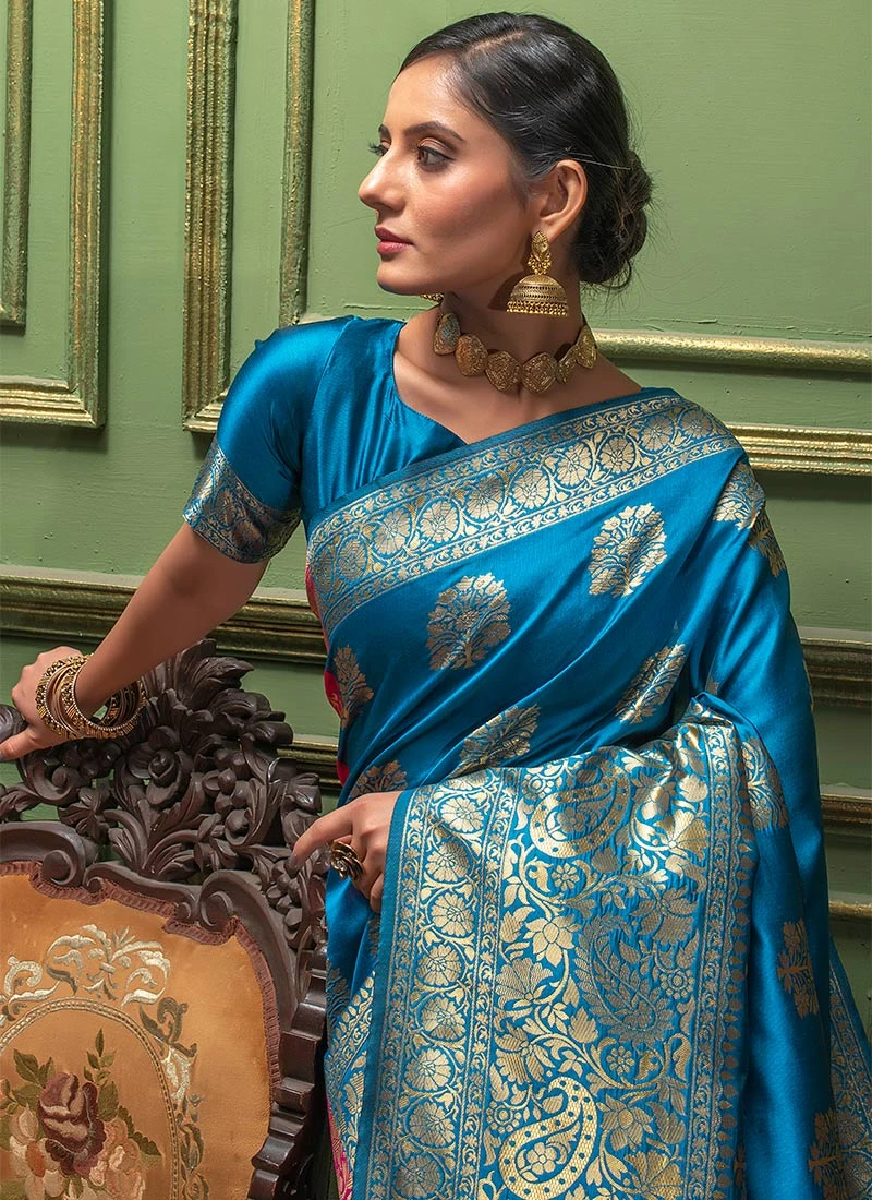 Firozi N Pink Banarasi Silk Jacquard Half N Half Saree Festive Wear 4 Firozi N Pink Banarasi Silk Jacquard Half N Half Saree Festive Wear - Image 4