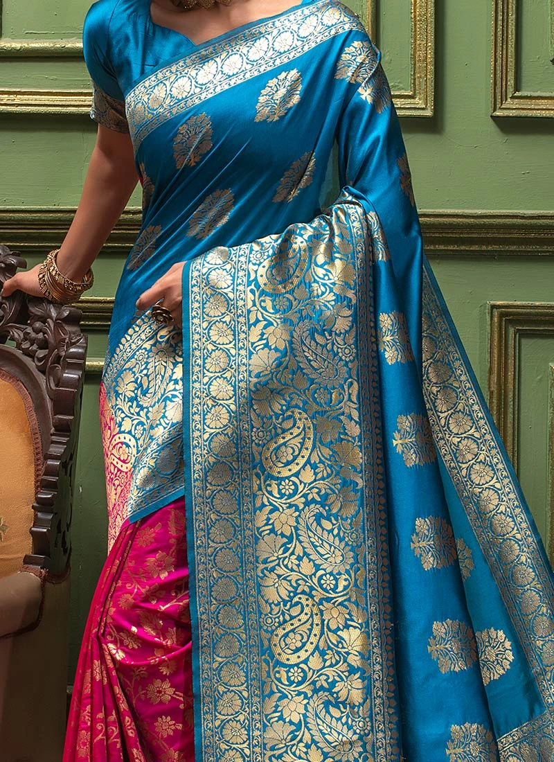 Firozi N Pink Banarasi Silk Jacquard Half N Half Saree Festive Wear 1 Firozi N Pink Banarasi Silk Jacquard Half N Half Saree Festive Wear