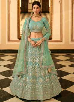 Firozi Organza Embroidered N Stones Umbrella Lehenga Wedding Wear -Deals Chic Lehenga Store firozi organza embroidered n stones umbrella lehenga ghsak42117206 u