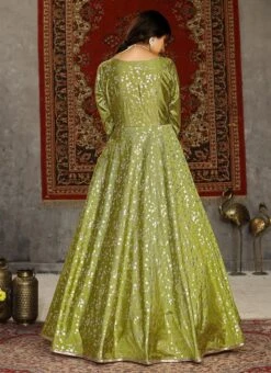 Fluorescent Green Taffeta Metalic Foil Work Anarkali Gown Party Wear -Deals Chic Lehenga Store fluorescent green taffeta metalic foil work anarkali gown bgwsom4604 b