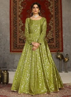 Fluorescent Green Taffeta Metalic Foil Work Anarkali Gown Party Wear -Deals Chic Lehenga Store fluorescent green taffeta metalic foil work anarkali gown bgwsom4604 u