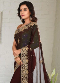 Georgette Coffee Brown Color Hand Embroidered Stone Work Saree Party Wear -Deals Chic Lehenga Store georgette coffee brown color hand embroidered stone work saree sadsf4989 b