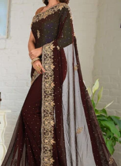 Georgette Coffee Brown Color Hand Embroidered Stone Work Saree Party Wear