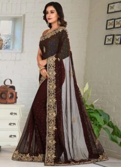 Georgette Coffee Brown Color Hand Embroidered Stone Work Saree Party Wear -Deals Chic Lehenga Store georgette coffee brown color hand embroidered stone work saree sadsf4989 u