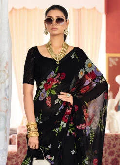 Georgette Digital Print Black Color Saree Festive Wear -Deals Chic Lehenga Store georgette digital print black color saree samam1958 b