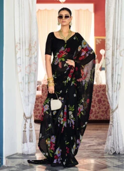 Georgette Digital Print Black Color Saree Festive Wear -Deals Chic Lehenga Store georgette digital print black color saree samam1958 u