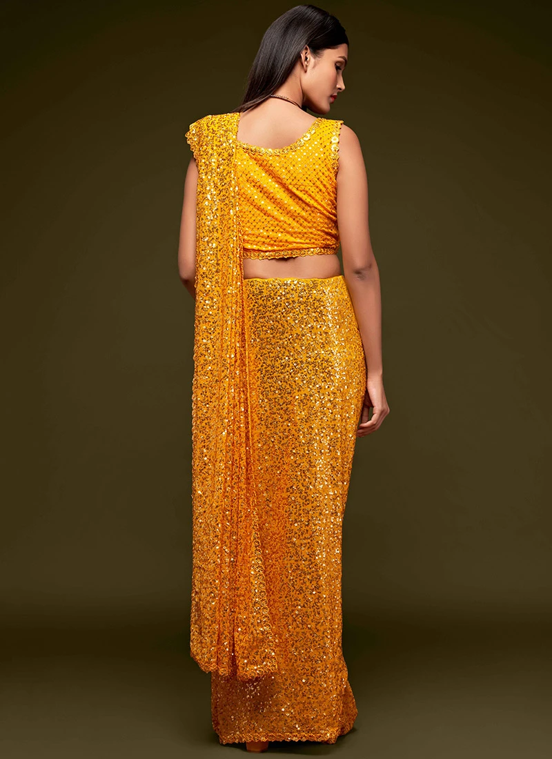 Georgette Embroidery Sequins Work Mustard Color Saree Festive Wear 4 Georgette Embroidery Sequins Work Mustard Color Saree Festive Wear - Image 4