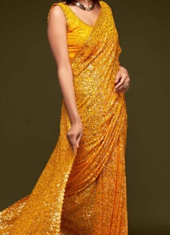 Georgette Embroidery Sequins Work Mustard Color Saree Festive Wear