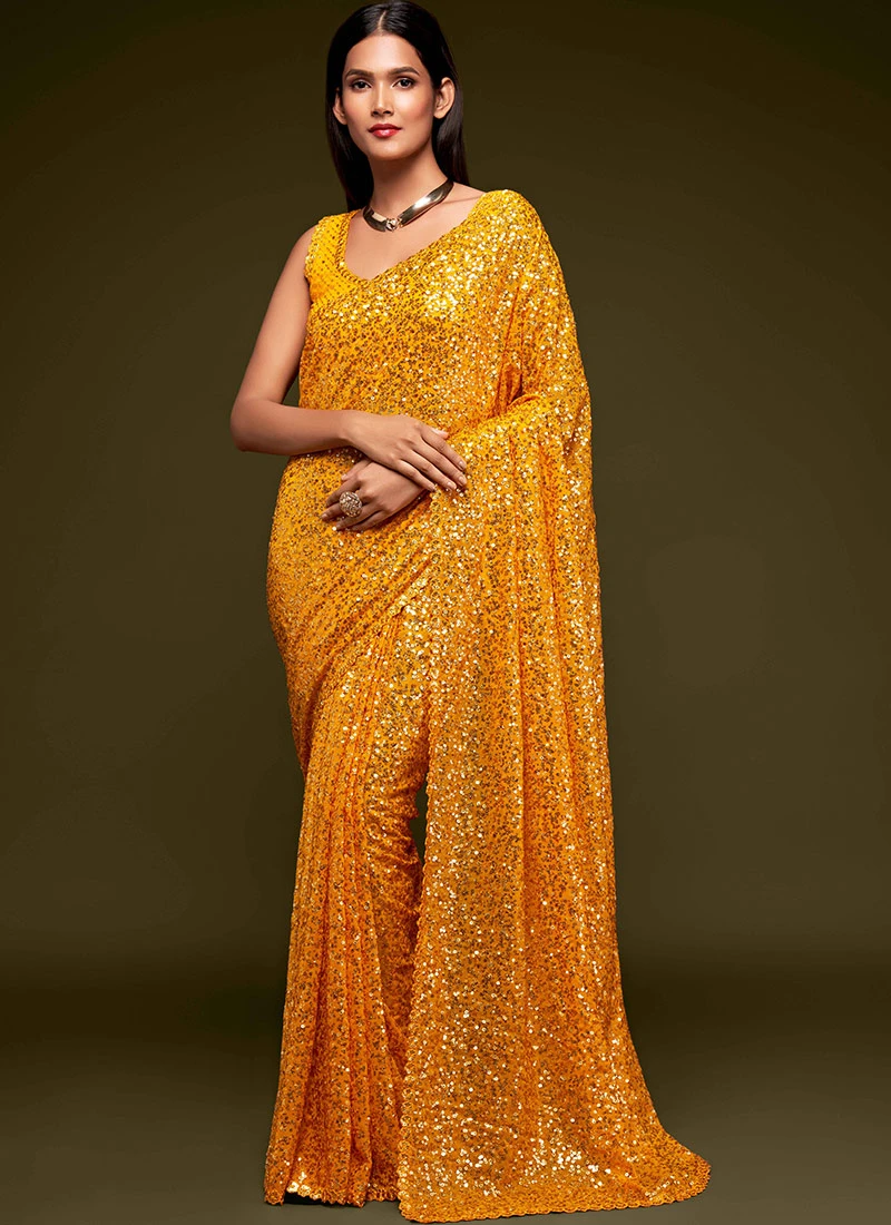 Georgette Embroidery Sequins Work Mustard Color Saree Festive Wear 3 Georgette Embroidery Sequins Work Mustard Color Saree Festive Wear - Image 3