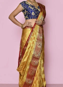 Gold Color Zari Kanjivaram Silk Saree Festive Wear