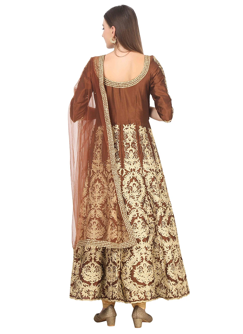 Gold N Brown Raw Silk Embroidery Anarkali Suit Party Wear 4 Gold N Brown Raw Silk Embroidery Anarkali Suit Party Wear - Image 4