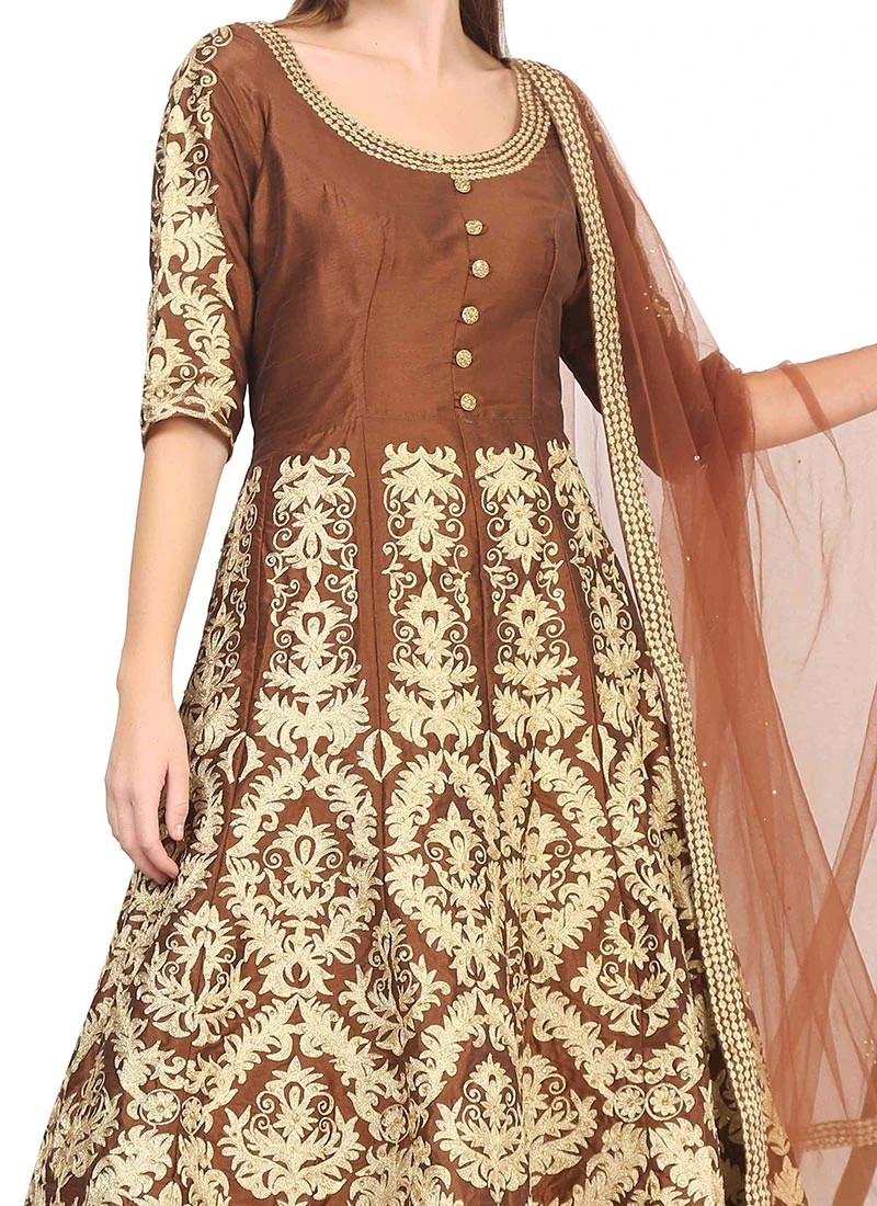 Gold N Brown Raw Silk Embroidery Anarkali Suit Party Wear 1 Gold N Brown Raw Silk Embroidery Anarkali Suit Party Wear