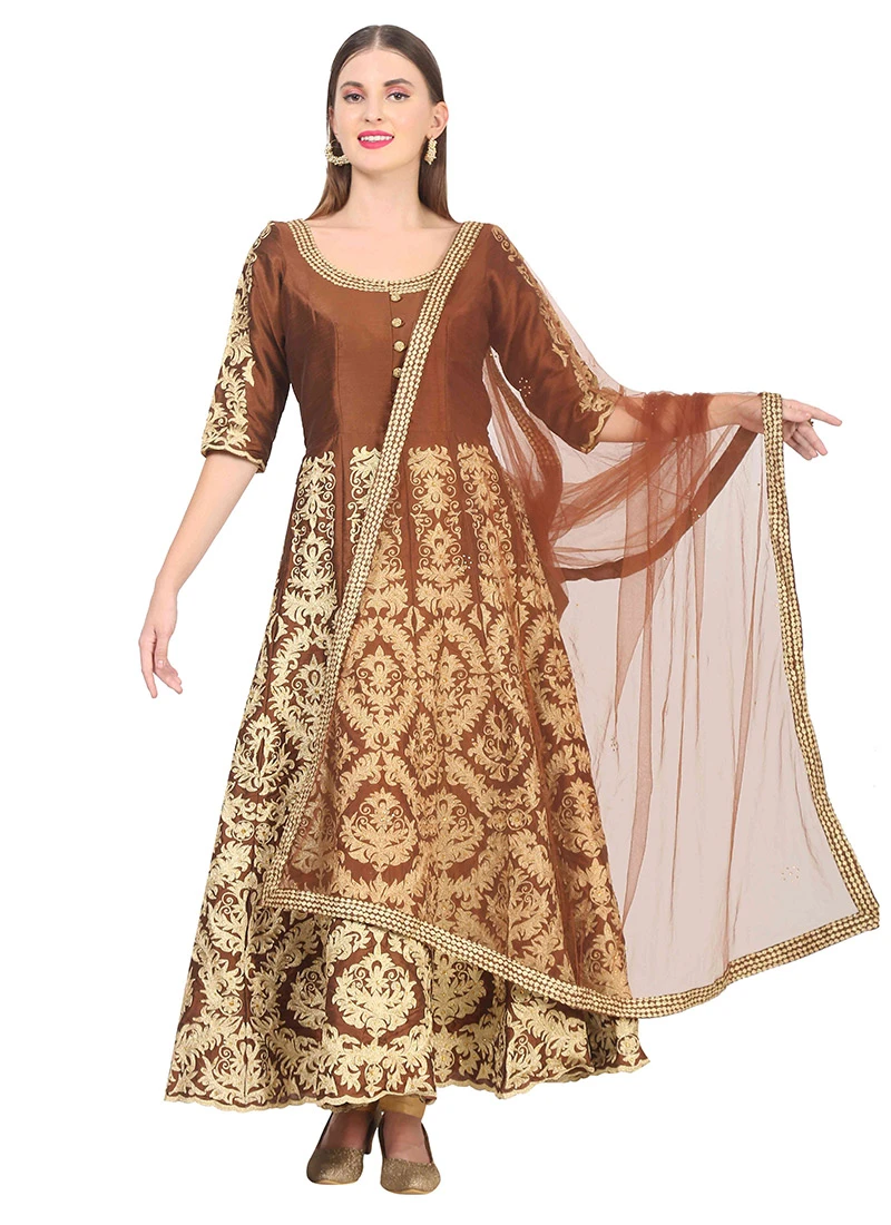Gold N Brown Raw Silk Embroidery Anarkali Suit Party Wear 3 Gold N Brown Raw Silk Embroidery Anarkali Suit Party Wear - Image 3