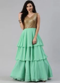 Gold Sequins Embroidered V Neck Gown Party Wear -Deals Chic Lehenga Store gold sequins embroidered v neck gown IWBS02001204 u