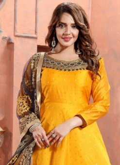 Golden Art Silk Embroidered Gown Party Wear -Deals Chic Lehenga Store golden art silk embroidered gown bgwrmnf796g b