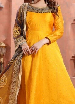 Golden Art Silk Embroidered Gown Party Wear