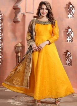 Golden Art Silk Embroidered Gown Party Wear -Deals Chic Lehenga Store golden art silk embroidered gown bgwrmnf796g u