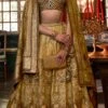Golden Art Silk Jacquard Stone Work Umbrella Lehenga Wedding Wear