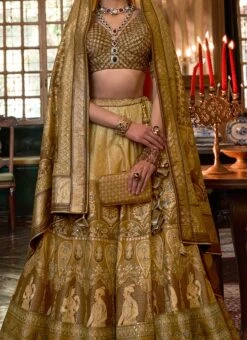 Golden Art Silk Jacquard Stone Work Umbrella Lehenga Wedding Wear