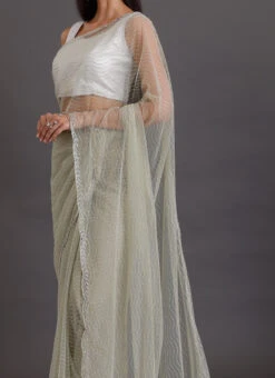 Light Grey Color Net Handwork Saree Party Wear