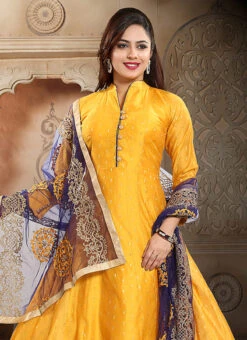 Golden Yellow Chanderi Silk Booti Zari Work Anarkali Suit Party Wear -Deals Chic Lehenga Store golden yellow chanderi silk booti zari work anarkali suit slmnfg533 b
